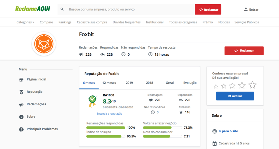 Página da FoxBit no Reclame Aqui já exibe o selo RA1000 Página da FoxBit no Reclame Aqui já exibe o selo RA1000