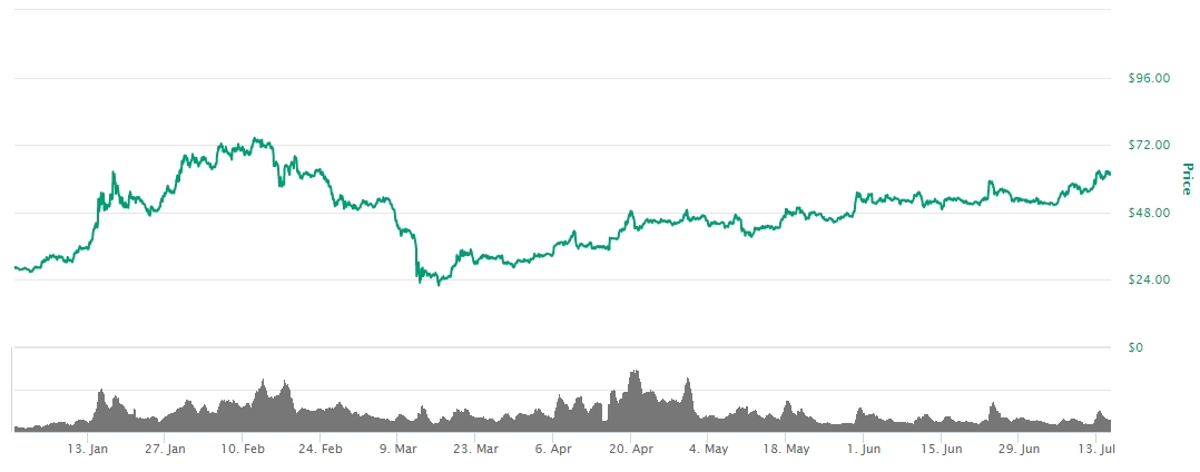 Gráfico com a variação de preço da Zcash em 2020 Gráfico com a variação de preço da Zcash em 2020