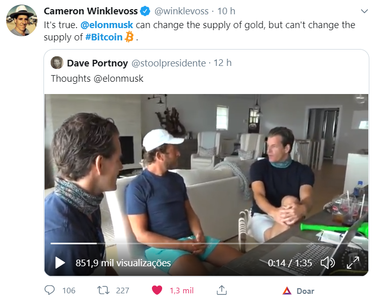 Fonte: Twitter Tweet dos gêmeos Winklevoss sobre Elon Musk, Bitcoin e o Ouro
