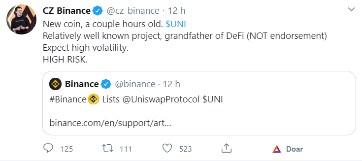 CEO da Binance fala sobre o Token da Uniswap CEO da Binance fala sobre o Token da Uniswap