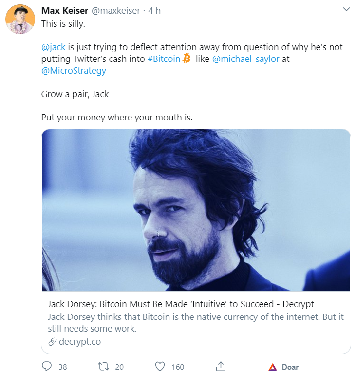 Max Keiser critica Jack Dorsey no Twitter Max Keiser critica Jack Dorsey no Twitter