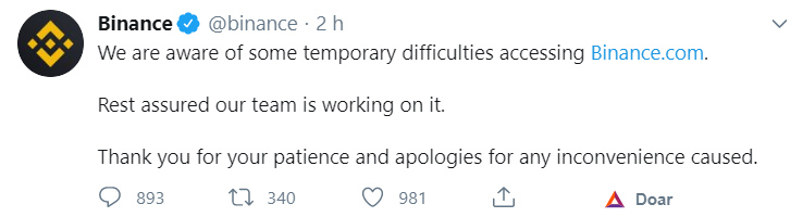 Tuíte da Binance sobre a falha técnica em 02 de setembro Tuíte da Binance sobre a falha técnica em 02 de setembro