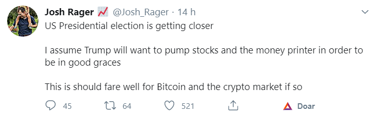 Tuíte de Josh Rager sobre Trump e o BTC Tuíte de Josh Rager sobre Trump e o BTC