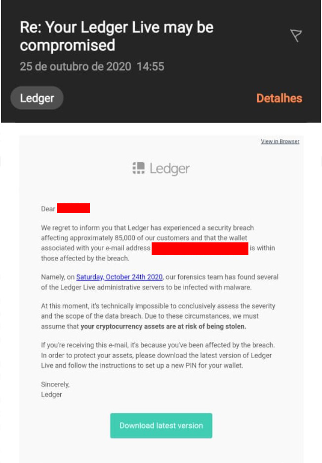 E-mail de phishing da Ledger E-mail de phishing da Ledger