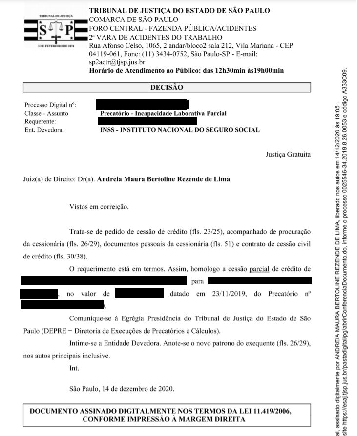 Decisão que autorizou a venda de precatório. Decisão que autorizou a venda de precatório.