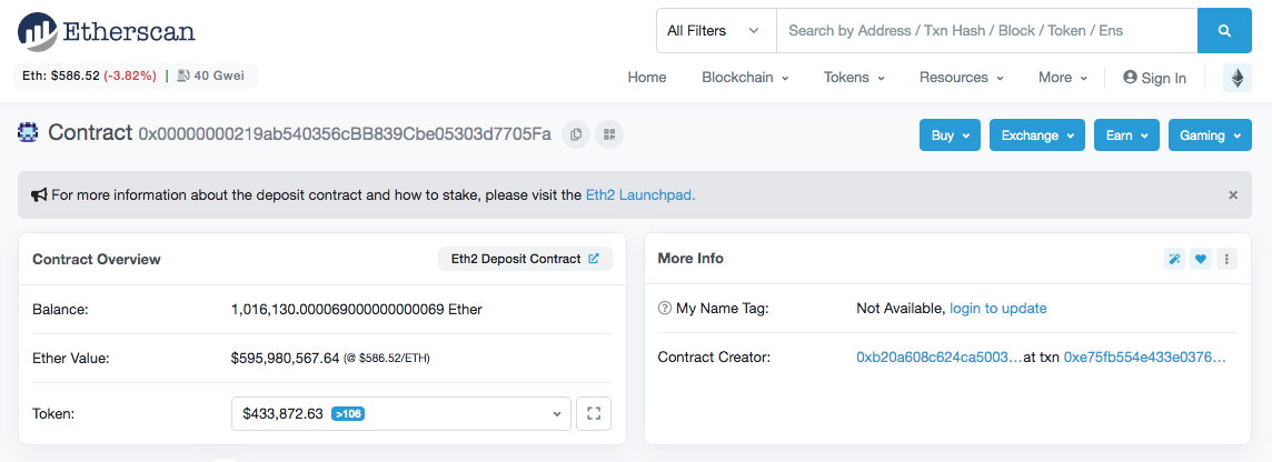 Quantidade de Ethers deixados no contrato do ETH 2.0. Quantidade de Ethers deixados no contrato do ETH 2.0.