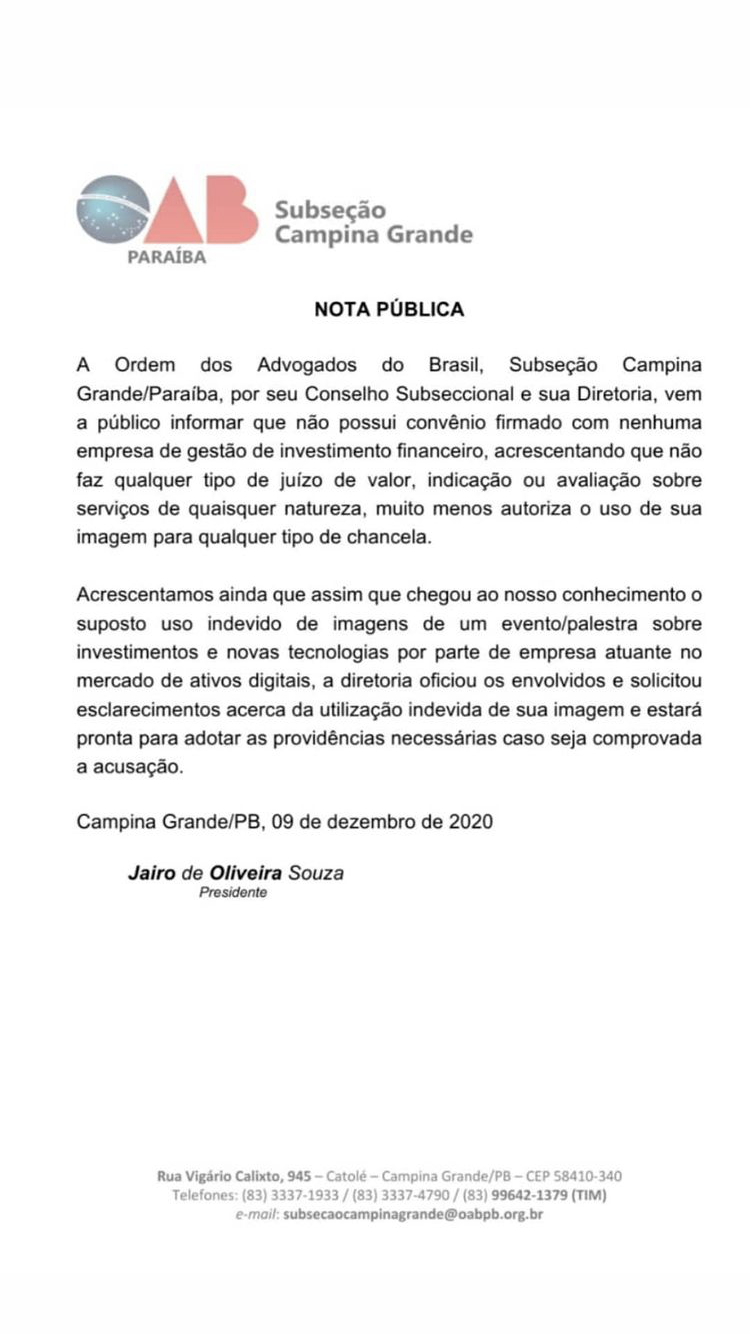 Nota da OAB-CG sobre a Braiscompany Nota da OAB-CG sobre a Braiscompany