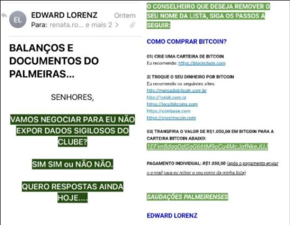 E-mail enviado aos conselheiros do Palmeiras pedindo BTC E-mail enviado aos conselheiros do Palmeiras pedindo BTC