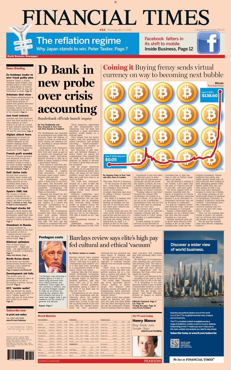 Alta do Bitcoin é capa do primeiro Financial Times do ano