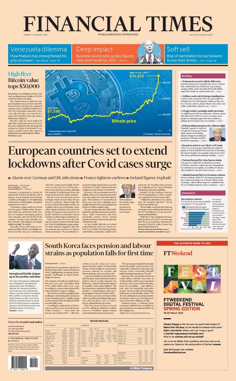 Capa do Financial Times de 03/01/2021. Fonte: Financial Times Capa do Financial Times de 03/01/2021. Fonte: Financial Times