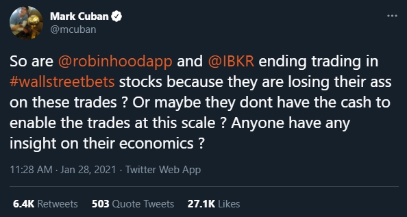 Mark Cuban critica posicionamento de Robinhood Mark Cuban critica posicionamento de Robinhood