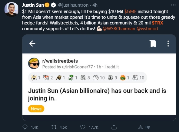 Justin Sun anuncia suposta compra de US$ 10 milhões em ações da GameStop Justin Sun anuncia suposta compra de US$ 10 milhões em ações da GameStop
