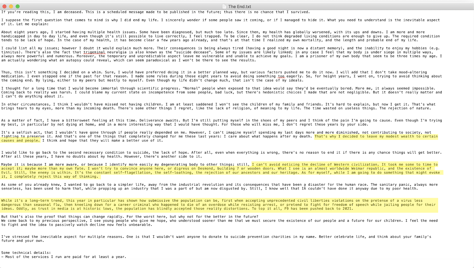 Suposta carta de suicídio do doador. (Fonte: Chainalysis) Suposta carta de suicídio do doador. (Fonte: Chainalysis)