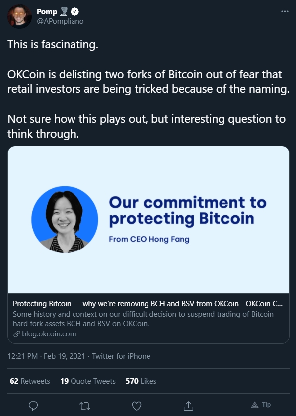 Anthony Pompliano fala sobre decisão da OKCoin. Fonte: Anthony Pompliano/Twitter Anthony Pompliano fala sobre decisão da OKCoin. Fonte: Anthony Pompliano/Twitter