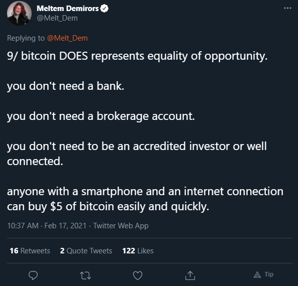 Meltem Demirors defende o Bitcoin. Fonte: Meltem Demirors/Twitter Meltem Demirors defende o Bitcoin. Fonte: Meltem Demirors/Twitter