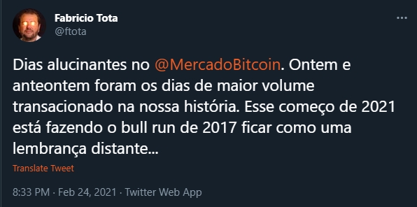 Fabrício Tota fala sobre volumes do Mercado Bitcoin. Fonte: Fabrício Tota/Twitter Fabrício Tota fala sobre volumes do Mercado Bitcoin. Fonte: Fabrício Tota/Twitter