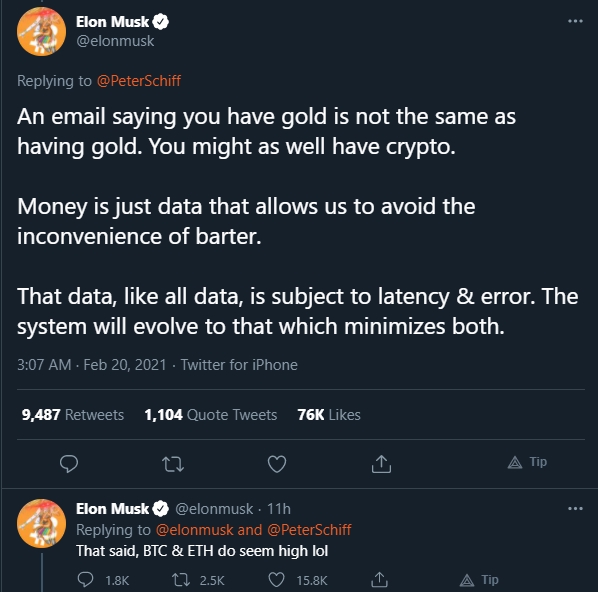Elon Musk disse que BTC e ETH estão altos. Fonte: Elon Musk/Twitter Elon Musk disse que BTC e ETH estão altos. Fonte: Elon Musk/Twitter