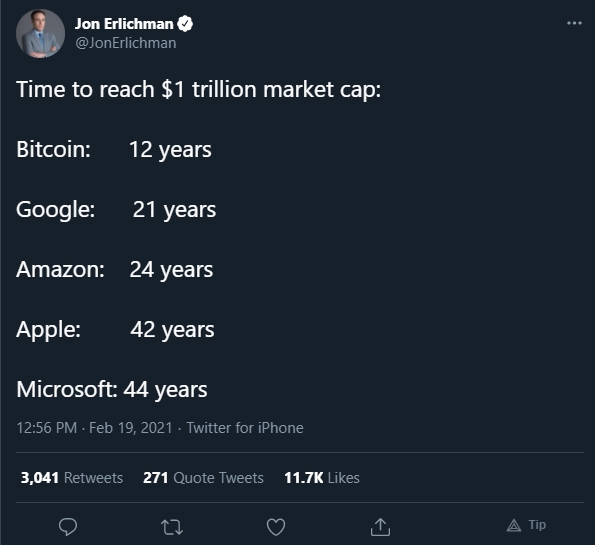 Jon Erlichman lista tempo que empresas demorar até US$ 1 trilhão. Fonte: Jon Erlichman/Twitter Jon Erlichman lista tempo que empresas demorar até US$ 1 trilhão. Fonte: Jon Erlichman/Twitter