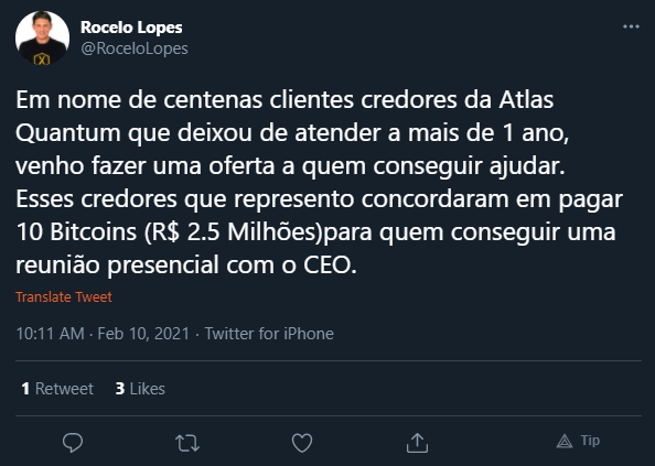Rocelo Lopes fala em nome de credores da Atlas Quantum Rocelo Lopes fala em nome de credores da Atlas Quantum