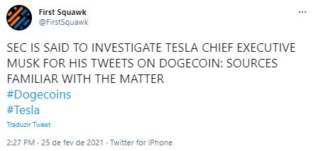 SEC estaria investigando Musk. Fonte: Firsts Quawk/Twitter SEC estaria investigando Musk. Fonte: Firsts Quawk/Twitter