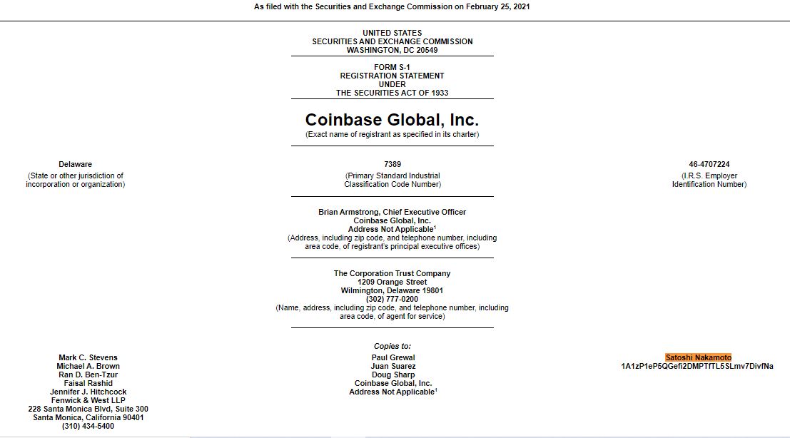 Formulário foi endereçado a Satoshi. Fonte: SEC Formulário foi endereçado a Satoshi. Fonte: SEC