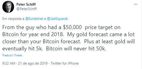 Em 2019, Schiff disse que o BTC nunca chegaria a 50 mil. Em 2019, Schiff disse que o BTC nunca chegaria a 50 mil.