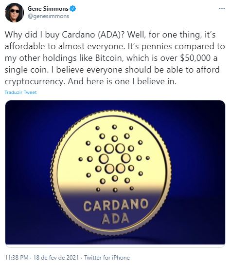 Baixista explica por que comprou Cardano. Fonte: Gene Simmons/Twitter Baixista explica por que comprou Cardano. Fonte: Gene Simmons/Twitter