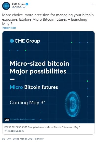 CME anuncia micro futuro de Bitcoin. CME/Twitter CME anuncia micro futuro de Bitcoin. CME/Twitter