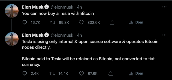 Musk announces Tesla news regarding Bitcoin.  Source: Elon Musk / Twitter