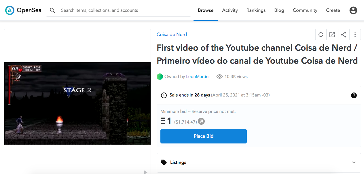 NFT with first video from the Coisa de Nerd channel.  Source: OpenSea.