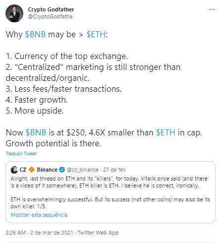 Analista diz que BNB pode superar ETH. Fonte: Crypto Godfather/Twitter Analista diz que BNB pode superar ETH. Fonte: Crypto Godfather/Twitter