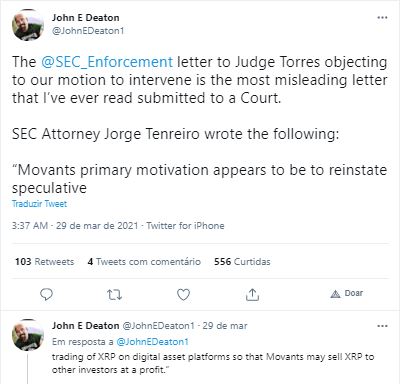Deaton critica carta da SEC. Fonte: John Deaton/Twitter Deaton critica carta da SEC. Fonte: John Deaton/Twitter