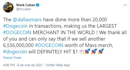 Cuban acredita na DOGE a US$ 1. Fonte: Mark Cuban/Twitter Cuban acredita na DOGE a US$ 1. Fonte: Mark Cuban/Twitter