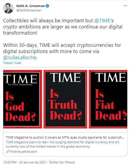 Time aceitará criptomoedas para assinatura. Fonte: Keith Grossman/Twitter Time aceitará criptomoedas para assinatura. Fonte: Keith Grossman/Twitter