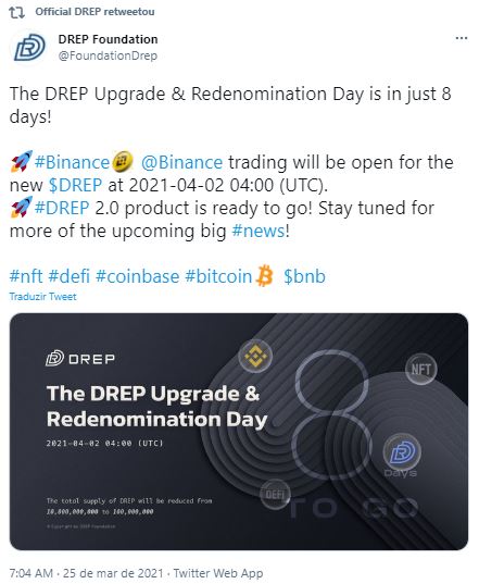 Binance suportará atualização. DREP/Twitter Binance suportará atualização. DREP/Twitter