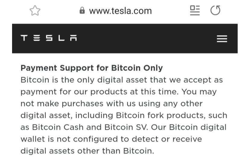 Tesla points out: payments only with the real Bitcoin.  Source: official website.