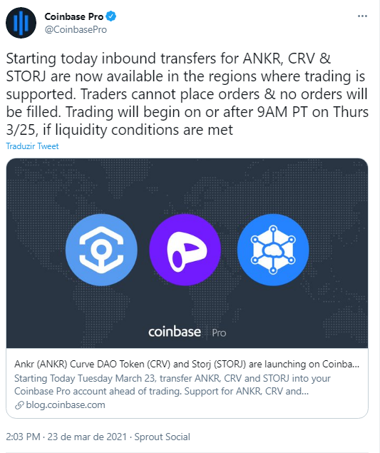 Coinbase announces the entry of three cryptocurrencies to the listing.  Source: Coinbase / Twitter