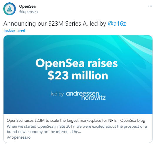 OpenSea anuncia fundo de financiamento a projeto de expansão de mercado. Fonte: OpenSea/Twitter OpenSea anuncia fundo de financiamento a projeto de expansão de mercado. Fonte: OpenSea/Twitter