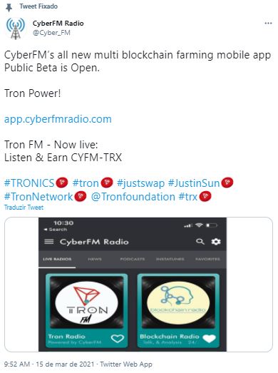 Plataforma anuncia app. Fonte: CyberFM/Twitter Plataforma anuncia app. Fonte: CyberFM/Twitter