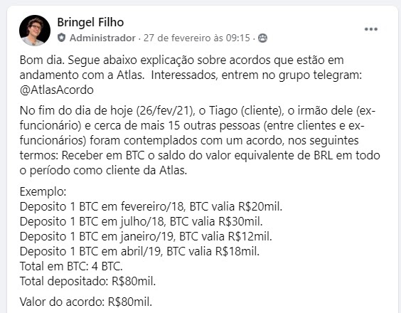 Supostos termos de novo acordo da Atlas com os investidores. Fonte: Facebook Supostos termos de novo acordo da Atlas com os investidores. Fonte: Facebook