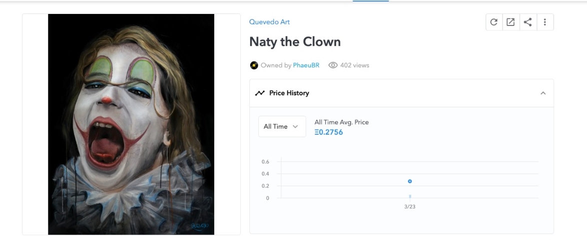 Naty the Clown, NFT por Fernando Quevedo. Fonte: OpenSea Naty the Clown, NFT por Fernando Quevedo. Fonte: OpenSea