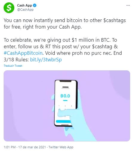 Usuários poderão enviar BTC de graça. Fonte: Cash App/Twitter Usuários poderão enviar BTC de graça. Fonte: Cash App/Twitter
