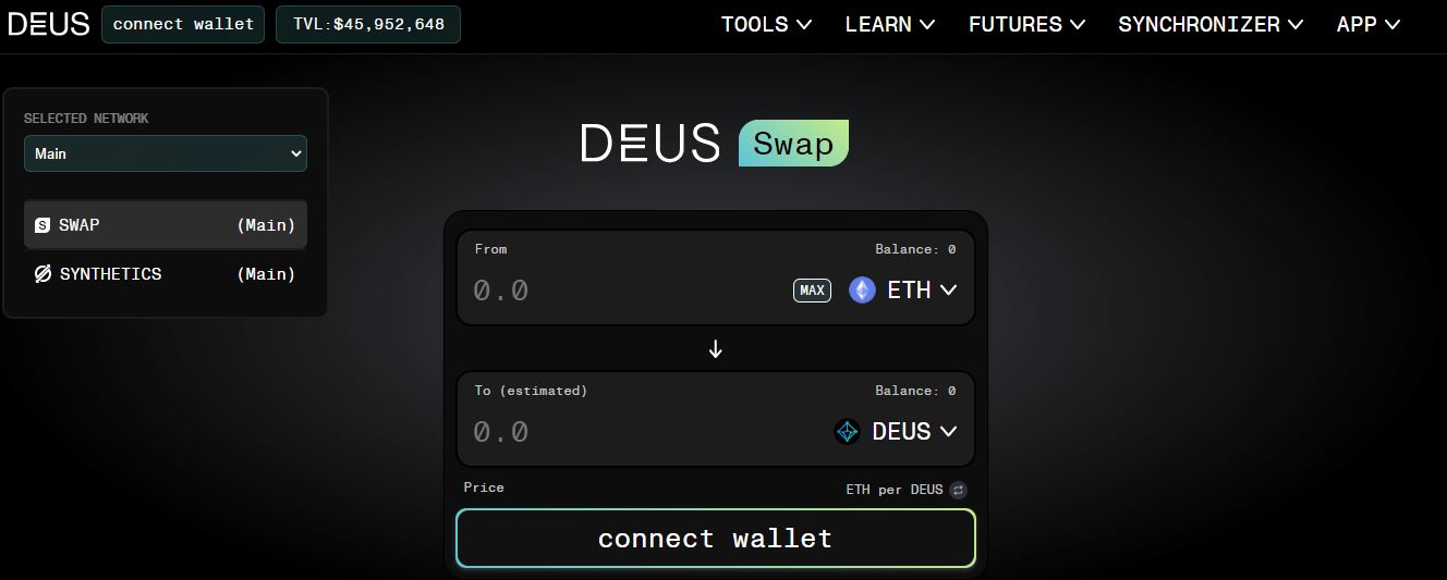 TVL de DEUS é de quase US$ 46 milhões. Fonte: DEUS Finance TVL de DEUS é de quase US$ 46 milhões. Fonte: DEUS Finance