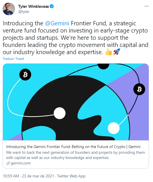 Tyler Winklevoss anunciou novo fundo de risco da Gemini. Fonte: Tyler Winklevoss/Twitter Tyler Winklevoss anunciou novo fundo de risco da Gemini. Fonte: Tyler Winklevoss/Twitter