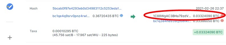 Transação de Bitcoin recebida por cliente da Altas. Fonte: Blockchain.com Transação de Bitcoin recebida por cliente da Altas. Fonte: Blockchain.com