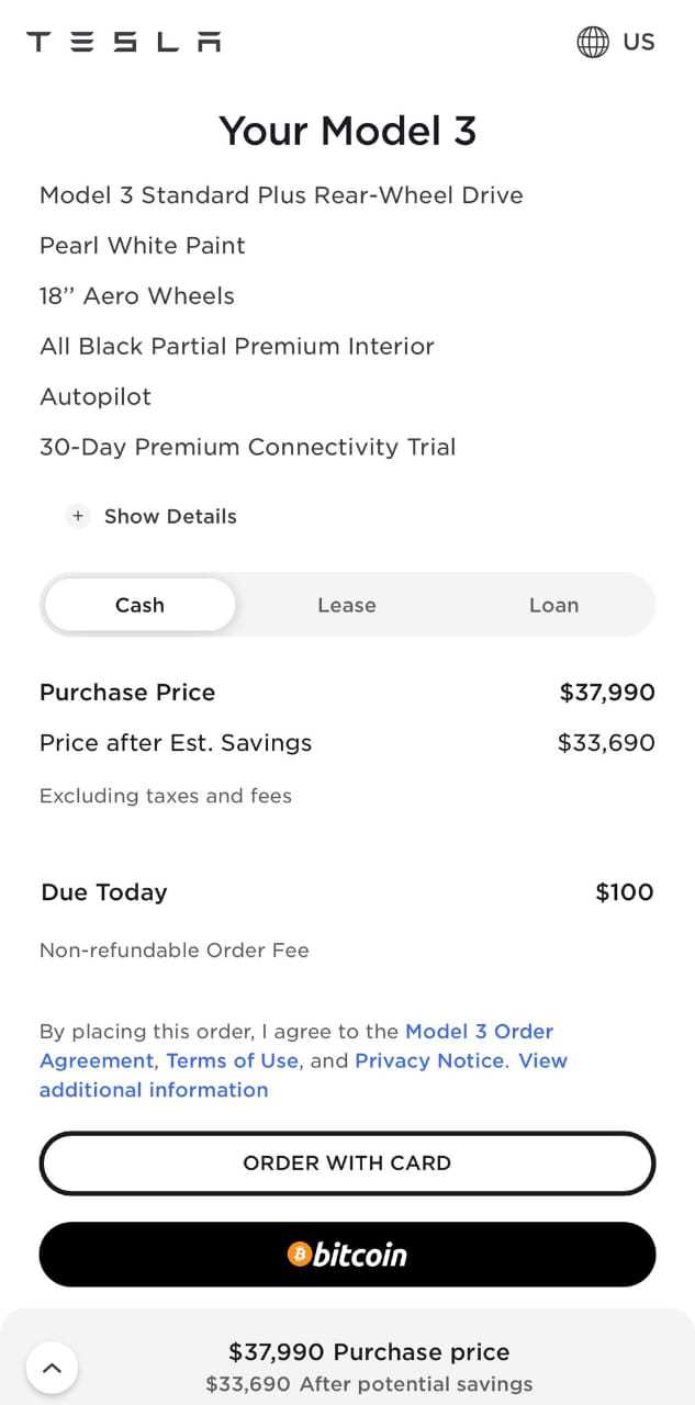 Tesla's payment area layout with Bitcoin option.  source: official website.