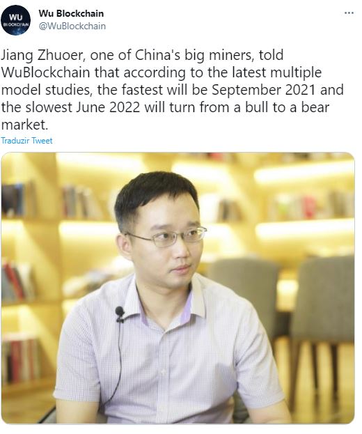 Minerador prevê fim da alta do Bitcoin. Fonte: Wu Blockchain/Twitter Minerador prevê fim da alta do Bitcoin. Fonte: Wu Blockchain/Twitter