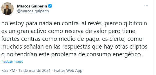 Marcos Galperin critica o Bitcoin. Fonte: Marcos Galperin/Twitter Marcos Galperin critica o Bitcoin. Fonte: Marcos Galperin/Twitter