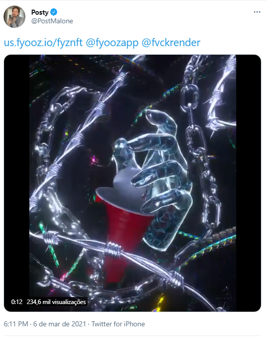 O rapper Post Malone divulga evento financiado com NFT. Fonte: Post Malone/Twitter O rapper Post Malone divulga evento financiado com NFT. Fonte: Post Malone/Twitter