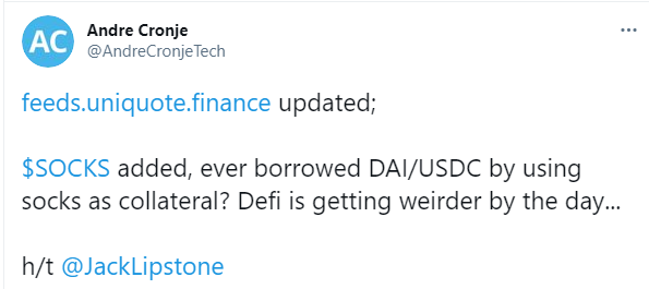 Fundador do protocolo Yearn Finance comenta sobre SOCKS ser usado como empréstimo. Fonte: Andre Cronje/Twitter Fundador do protocolo Yearn Finance comenta sobre SOCKS ser usado como empréstimo. Fonte: Andre Cronje/Twitter